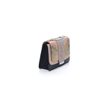Powder pink and navy textured leather Jackie O shoulder bag with a rainbow python flap and laser-cut lilac detail.