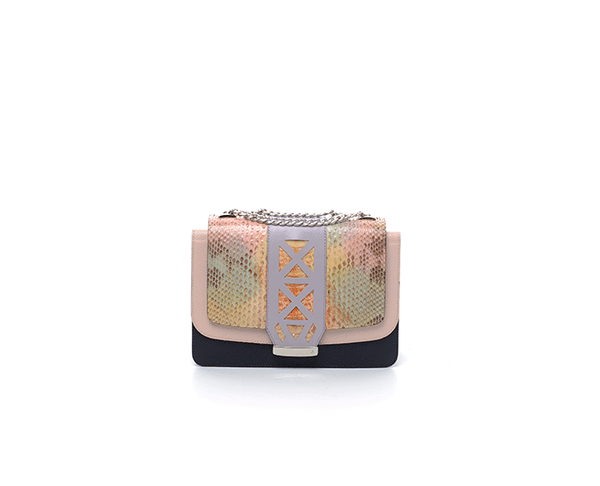 Powder pink and navy leather Jackie O shoulder bag featuring a rainbow python flap, lilac laser-cut detail, and silver chain.