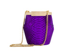 Electric purple python mini bucket bag with gold-tone hardware, designer logo clasp, and a detachable chain strap.