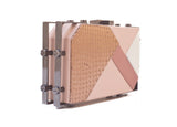 Rose gold geometric clutch in multi-color calf leather and python skin with a gunmetal frame, 20cm wide.