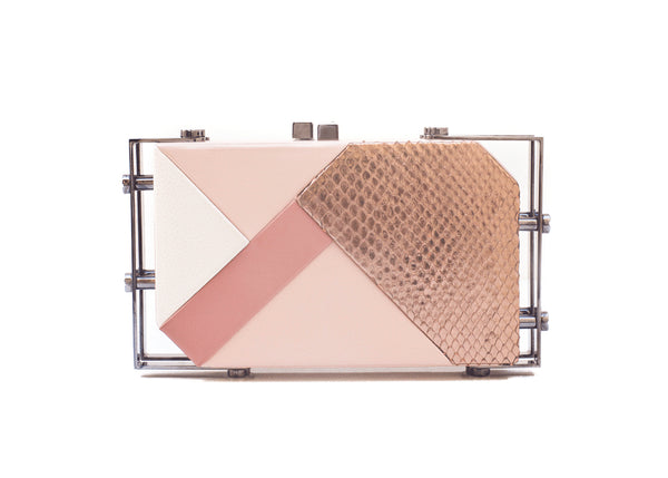 Rose gold python and multi-color calf leather geometric clutch with a gunmetal frame and designer logo clasp.
