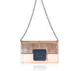 Rose gold python, storm blue, and powder pink leather clutch with a gunmetal chain and designer logo plaque.