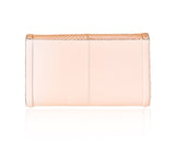 Powder pink lamb leather clutch with a rose gold python-textured flap, 30cm wide, featuring a sleek, modern design.