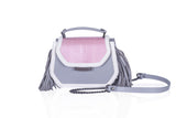 Rose and gray mini Anabella tote in calf leather and watersnake with side tassels, gunmetal hardware, and detachable chain.