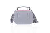 Mini Anabella tote in gray calf leather with a rose watersnake flap, side tassels, and elegant gunmetal hardware.