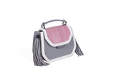Rose and gray mini Anabella tote in calf leather and watersnake with side tassels and gunmetal hardware.