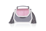 Mini Anabella tote in gray calf leather with a rose watersnake flap, side tassels, and elegant gunmetal hardware.