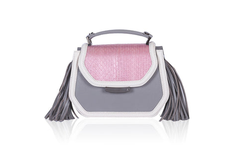 Mini Anabella tote in gray calf leather with a rose watersnake flap, side tassels, and elegant gunmetal hardware.