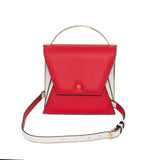 Rouge red and cream Napa leather mini Nova top handle bag with gold hardware and adjustable shoulder strap.
