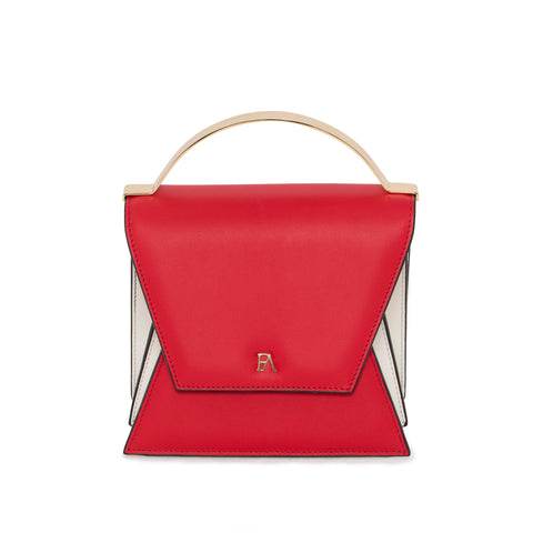 Rouge red and cream Napa leather mini top handle bag with gold-tone hardware and elegant accordion sides.