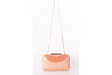Salmon water snake skin Gina clutch with gold-tone studs, chain strap, and elegant mirror design.