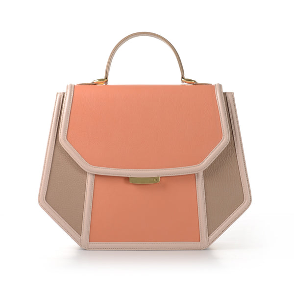 Structured salmon and nude calf leather Anabella tote with a gold-tone logo plaque and elegant top handle.