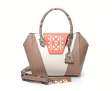 Salmon and nude textured leather Ashley tote with python handle, laser-cut front design, and gold-tone hardware.