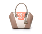 Salmon and nude leather Ashley tote featuring a laser-cut calfskin design, python-textured handles, and gold-tone logo.