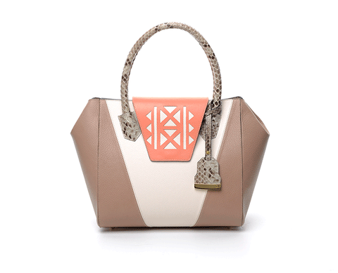 Salmon and nude leather Ashley tote featuring a laser-cut calfskin design, python-textured handles, and gold-tone logo.