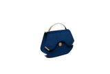 Sapphire blue velvet Calypso mini tote featuring a structured silhouette, elegant gold-tone hardware, and a chic top handle.