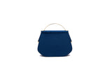 Sapphire blue velvet Calypso mini tote featuring a sleek gold-tone top handle and elegant structured design.