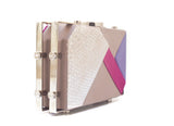 Silver beige geometric clutch featuring multi-color leather, exotic python texture, and a sleek silver hardware frame.