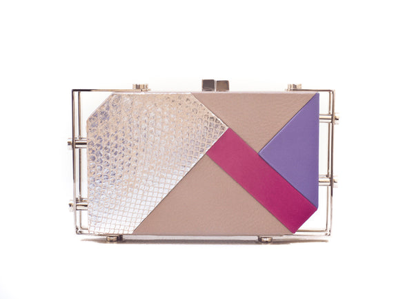 Silver beige python and multi-color calf leather geometric clutch with a sleek silver frame and designer logo clasp.