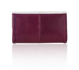 Plum lamb leather Serena clutch with a silver beige python flap, 30cm wide, featuring a sleek, sophisticated design.