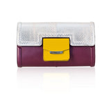 Serena clutch in plum lamb leather with a silver beige python flap, mustard pocket, and silver-tone designer logo plaque.