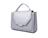 Silver gray Steffany tote in textured ostrich skin with a designer logo plaque and elegant silver-tone hardware.