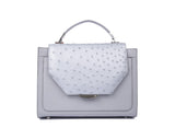 Silver gray Steffany tote in textured ostrich skin with a designer logo plaque, silver-tone hardware, and a structured silhouette.