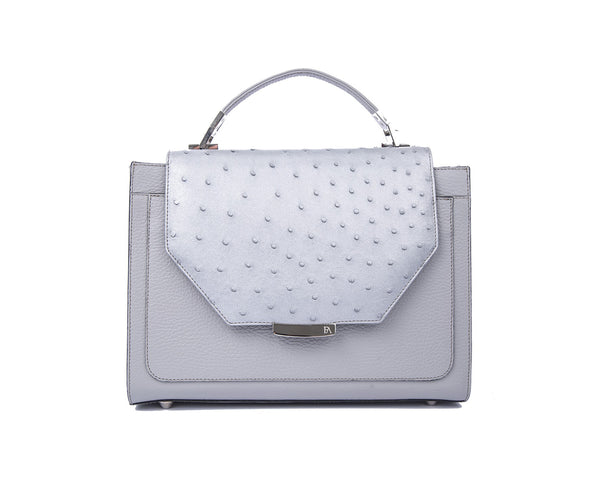 Silver gray Steffany tote in textured ostrich skin with a designer logo plaque, silver-tone hardware, and a structured silhouette.