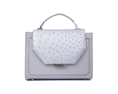 Silver gray Steffany tote in textured ostrich skin with a designer logo plaque, silver-tone hardware, and a structured silhouette.