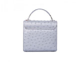 Mini Steffany tote in matte silver ostrich leather with a structured silhouette, top handle, and elegant silver-tone hardware.