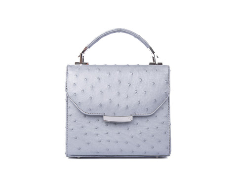 Mini Steffany tote in matte silver ostrich leather with a designer logo plaque and elegant top handle.