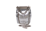 Silver Valerie mini bucket bag in metallic water snake leather with a designer logo clasp and detachable silver-tone chain.