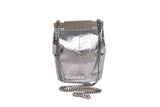 Silver Valerie mini bucket bag in textured water snake leather with a sleek silver-tone logo clasp and detachable chain.