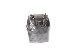 Silver Valerie mini bucket bag in metallic water snake leather with a designer logo clasp and chunky silver-tone chain.