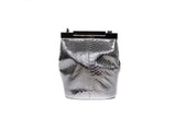 Silver Valerie mini bucket bag in metallic water snake leather with a sleek designer logo clasp and silver-tone hardware.