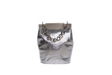 Silver Valerie mini bucket bag in textured water snake leather with a metallic finish, silver-tone chain, and logo clasp.