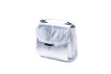 Silver water snake mini Steffany tote with a metallic finish, designer logo plaque, and elegant silver-tone hardware.
