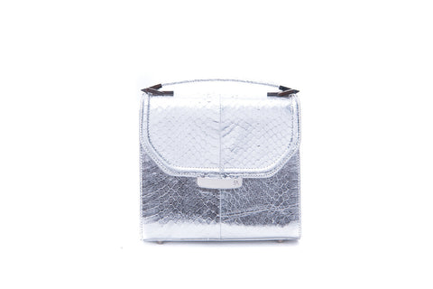 Mini Steffany tote in metallic silver water snake leather with a sleek designer plaque and elegant top handle.