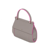 Stone Gray smooth Napa leather Nora top handle bag with fuchsia edge paint and silver-tone hardware.