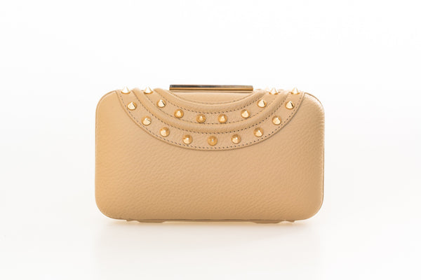 Taupe textured leather box clutch featuring gold-tone pointed studs and elegant hardware, 18cm wide.