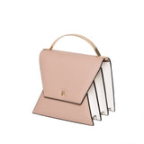 Taupe and cream mini Nova top handle bag in smooth Napa leather with gold-tone hardware and accordion silhouette.