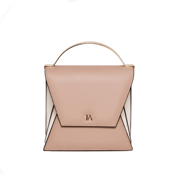 Taupe and cream mini Nova bag in smooth Napa leather with gold-tone hardware and an elegant accordion silhouette.