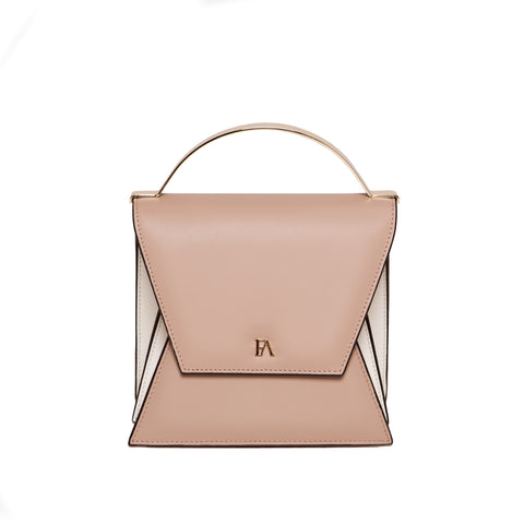 Taupe and cream mini Nova bag in smooth Napa leather with gold-tone hardware and an elegant accordion silhouette.