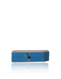 Teal blue and cream textured leather Edith box clutch with a sleek silver-tone logo fastening and elegant mirror design.