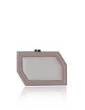 Geometric Edith box clutch in teal blue, powder pink, and off-white textured calf leather with silver-tone hardware.