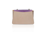 Mini Jackie O shoulder bag in nude calf leather with a violet lizard-effect flap and orange suede side accents.