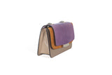 Mini Jackie O shoulder bag in nude calf leather with a violet lizard flap, orange suede trim, and silver-tone chain.