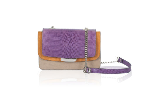 Mini Jackie O shoulder bag in nude calf leather, violet lizard flap, orange suede trim, and silver chain strap.