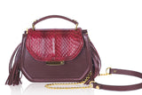 Bordeaux mini Anabella bag in calf leather and water snake skin with gold hardware, side tassels, and a detachable chain strap.