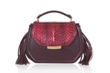 Bordeaux mini Anabella bag in calf leather and water snake skin with gold hardware, side tassels, and a top handle.